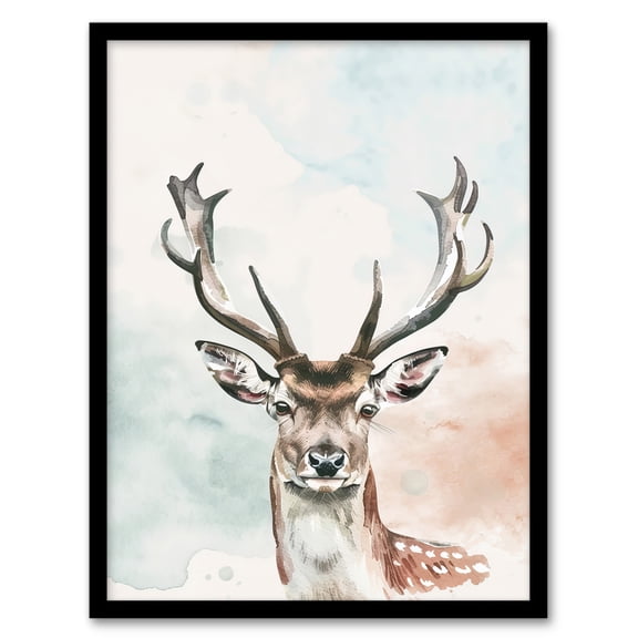 Artery8 Stag Head Portrait Modern Watercolour Pastel Living Room Art Print Framed Poster Wall Decor 12x16 inch