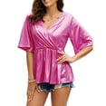 thumbnail image 1 of Top de manga corta para mujer, jersey con dobladillo con volantes, Top cruzado con cuello en V, camisa metálica, blusa con cintura elástica, rosa S, 1 of 6
