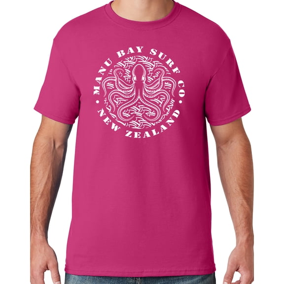Mens Manu Bay Surf Company WHITE OCTOPUS T-shirt, 2XL Cyber Pink