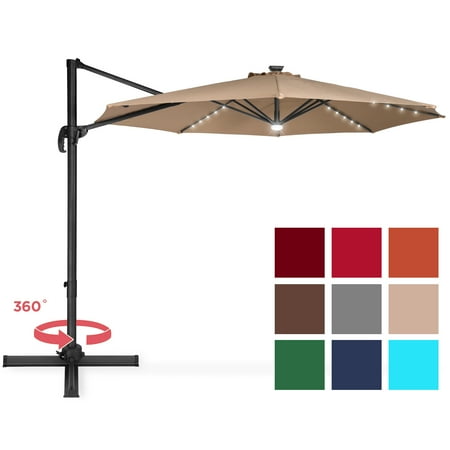 Best Choice Products 10ft Solar LED 360 Degree Cantilever Offset Market Patio Umbrella Shade for Deck, Garden, Poolside w/ Easy Tilt, Smooth Gliding Handle - Tan