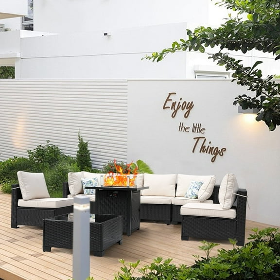 YHBINHUI 8 Piece Patio Furniture Set with 28" Fire Pit Table, Outdoor Furniture Sectional Sofa Set PE Rattan Manual Weaving Wicker Patio Conversation Set