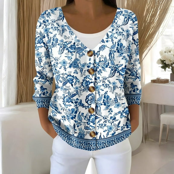 Cardigan Sweaters for Women Casual Button Down V Neck Knit Cardigans Sweater Fall Floral Print Boho Long Sleeve Clothe 07-Sky Blue L