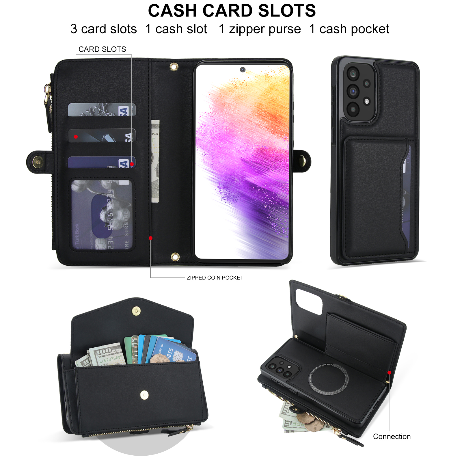 Designed for Samsung Galaxy A14 5G Multi-Function Wallet Phone Case,With Shoulder Strap&Wrist Strap,Cash Pocket&Card Slots,Zipper Purse,Magnetic Detachable PU Leather Flip Phone Case,Black