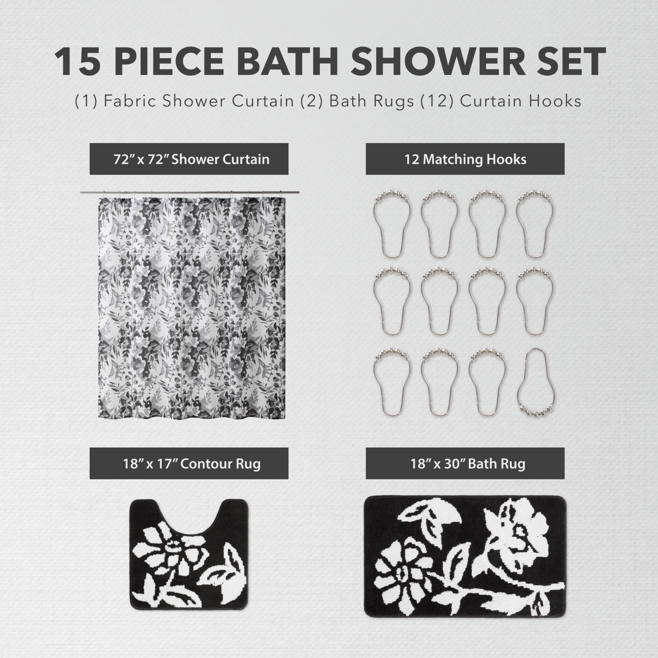 CHI Wynn Shower Curtain with Hooks and Rugs Modern Washable 72" W x 72" L 15-Piece Set