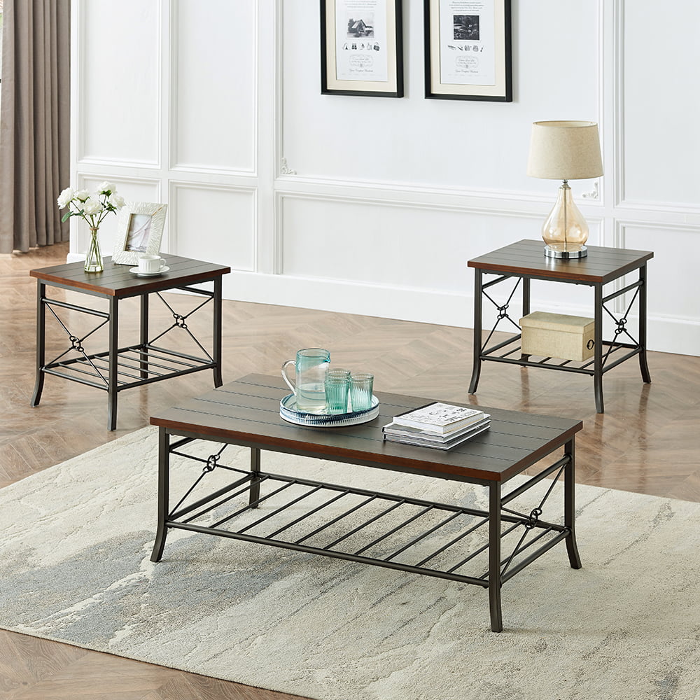 Kepooman 3 Pcs Modern MDF Coffee Table Set with Cocktail Table & 2 End