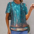 thumbnail image 6 of City Neon Streetview Night at Night Womens Tops Women's Fashion Casual Short Sleeve Flower Print Round Neck Pullover Top Blouse, 6 of 6