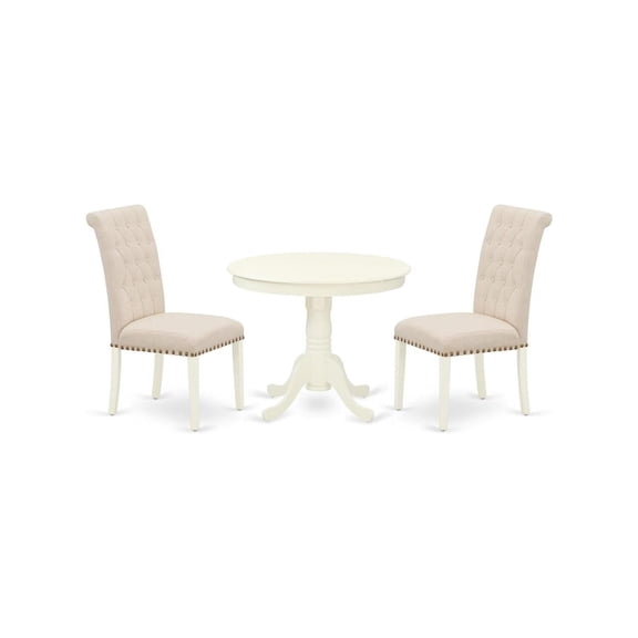 HomeStock 3 Piece Dining Table Set Contains a Round Dining Room Table with Pedestal and 2 Light Beige Linen Fabric Upholstered Chairs, 36x36 Inch,Linen White