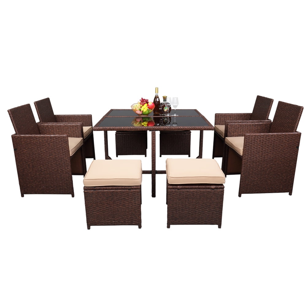 9pcs Dining Table Chair Set With Tempered Glass Wicker Rattan Wood