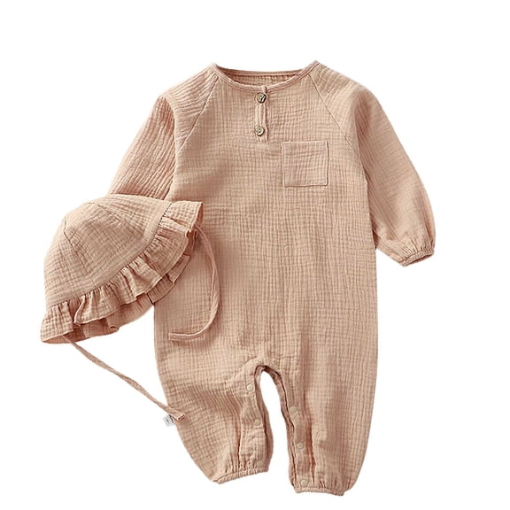 Coerni New Born Baby Girl Cotton Linen Romper with Hat Girls One-Piece Outfits Button Down Shirts Jumpsuit Ruffle Preemie Clothes