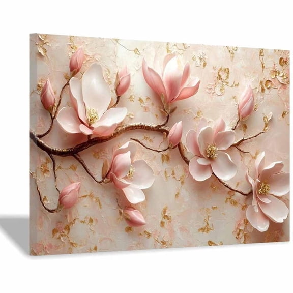 Mudket Framed Canvas Wall Art Ready to Hang, White Magnolia Gold Branch Flake Print, Luxury Floral Wall Decor Canvas Artwork for Entryway Bedroom Living Room, Bloom Pictures - 12"L x 8"W