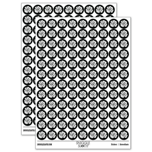 Rose Flower Solid 200 Round Stickers - Black - Gloss Finish - 0.50" Size