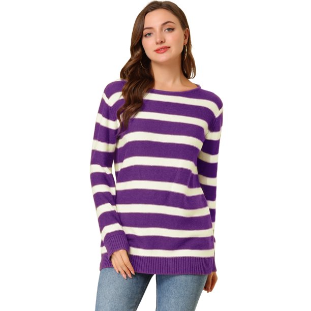 INSPIRE CHIC Suéter de rayas túnica con hombros descubiertos y cuello redondo para mujer Púrpura M