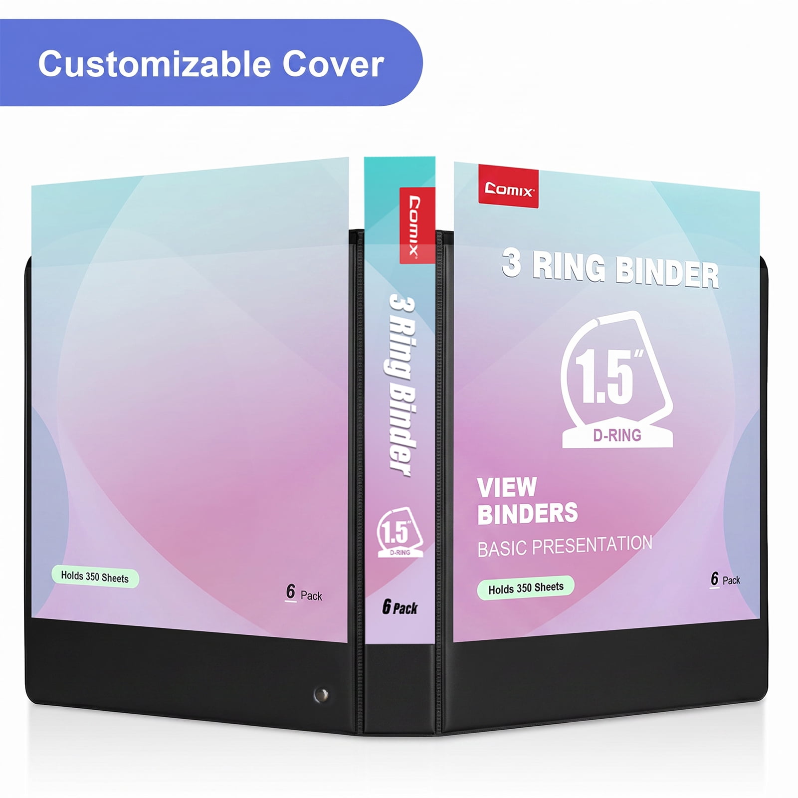 Comix 1-1/2 inch 3 Ring Binder with Clear Cover, 1.5 inch Strong D Ring, Fits Letter Size, Holds 350 Sheets, School Office Supplies, 6-Pack Black