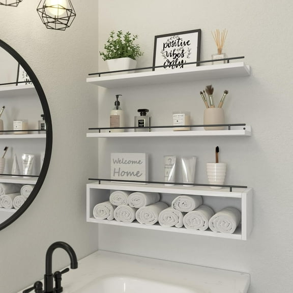 Floating Shelves for Wall 24 inch with Cube Shelf, Wall Shelves with Metal Rail for Bathroom Decor, Bathroom Organizers and Storage, Over Toilet Shelves, Toilet Paper-White