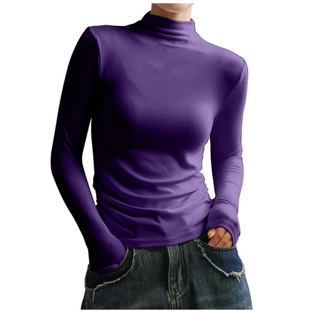 cfhntfmh Chandails à Col Montant pour Femmes Manches Longues Hauts Basiques Ajustés Extensibles sous-Vêtement T-Shirt Thermique Chandails Moulants