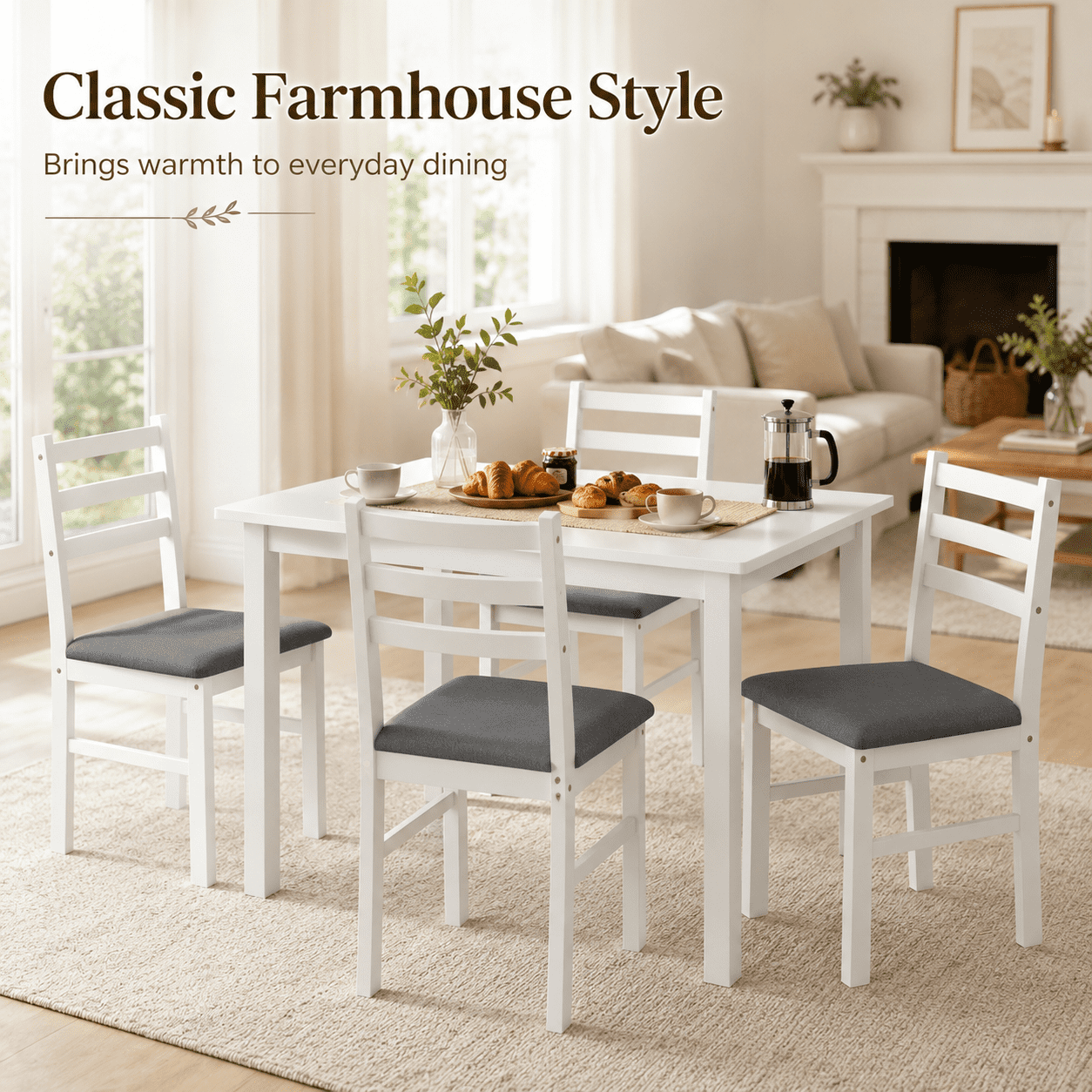 Aukfa 5-Piece Farmhouse Dining Table Set with 4 Chairs,Space-Saving Apartment/Breakfast Nook Furniture, White