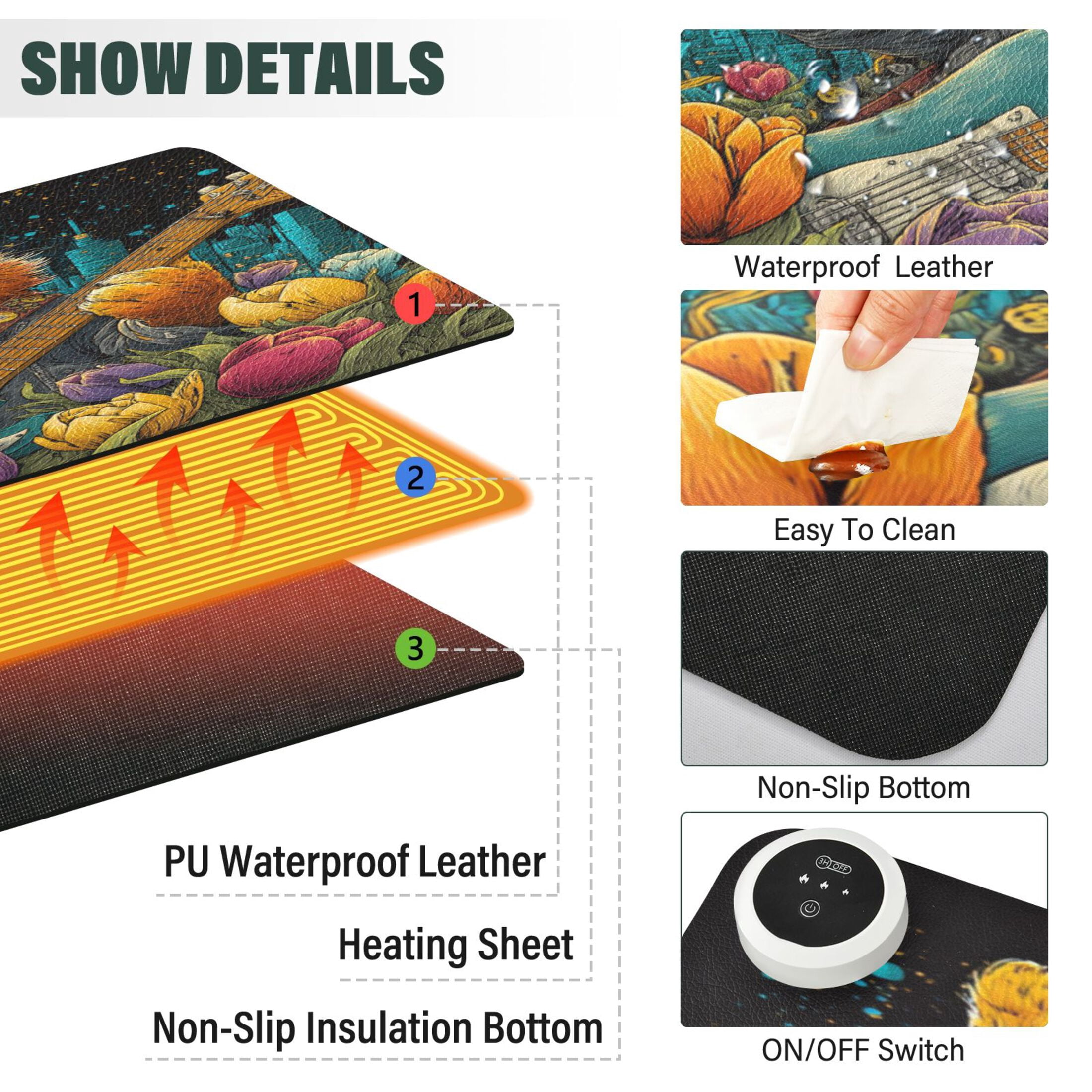 Large Heated Desk Mat Mouse Pad 31.5"x13"PU Leather Graphene Heating Desk Warmer with 3 Temperature Settings 110V US Plug Non-Slip Warm Pad for Home, Office, and Gaming Guitar Playing Cat