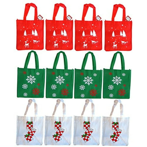 Set of 12 Non-Woven Reusable Fabric Holiday Gift Bags 12"x13"x8.25", Black Duck Brand Three Holiday Prints (12 Bags)