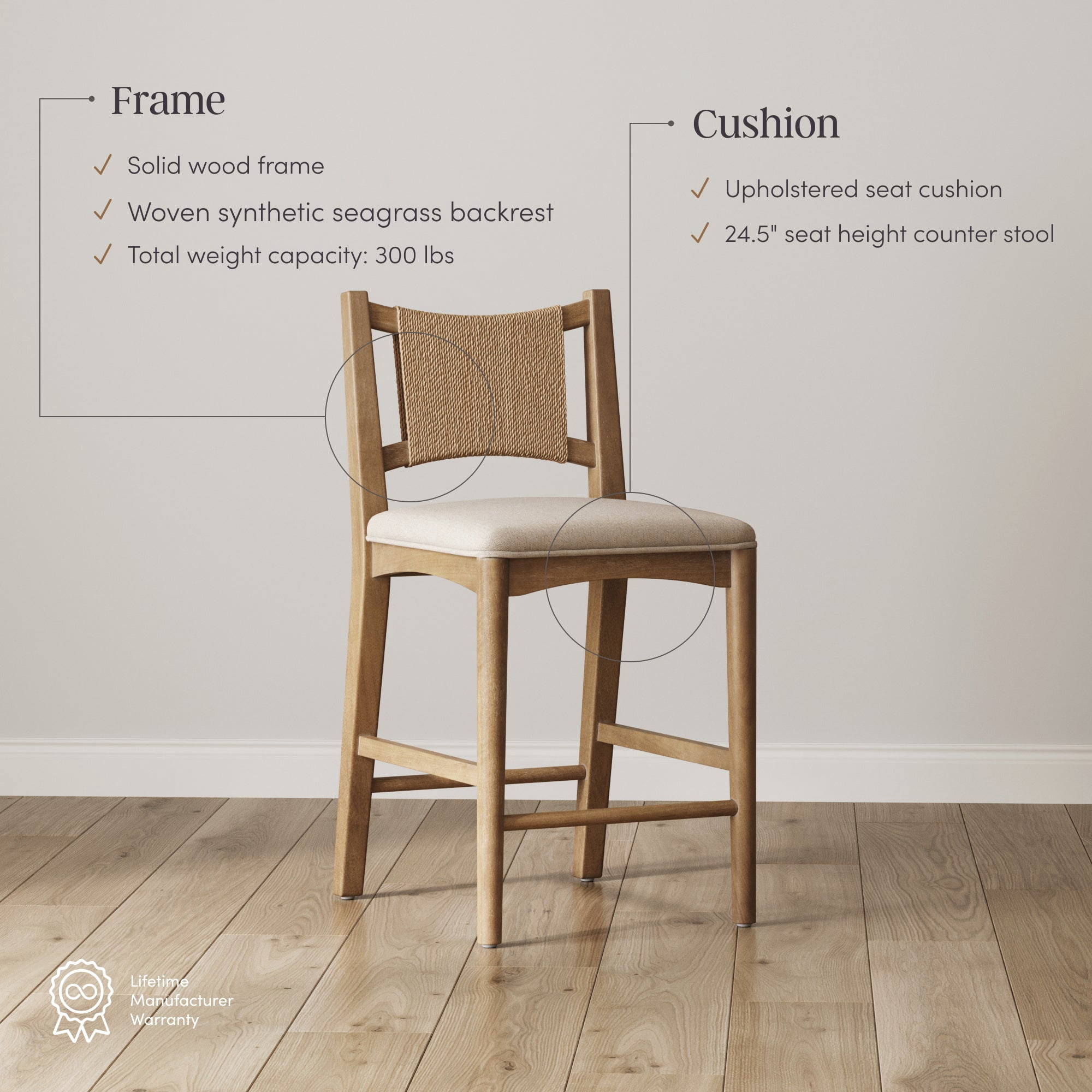 Nathan James Elodia Boho Counter Height Bar Stool with Back, Woven Seagrass Backrest and Solid Wood Frame, Light Brown