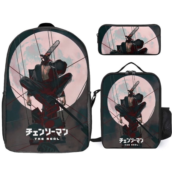 Chainsaw Man 3 Piece Backpack Set with Lunch Bag Pencil Case, High Capacity Bookbag with Lunch Box Pen Box