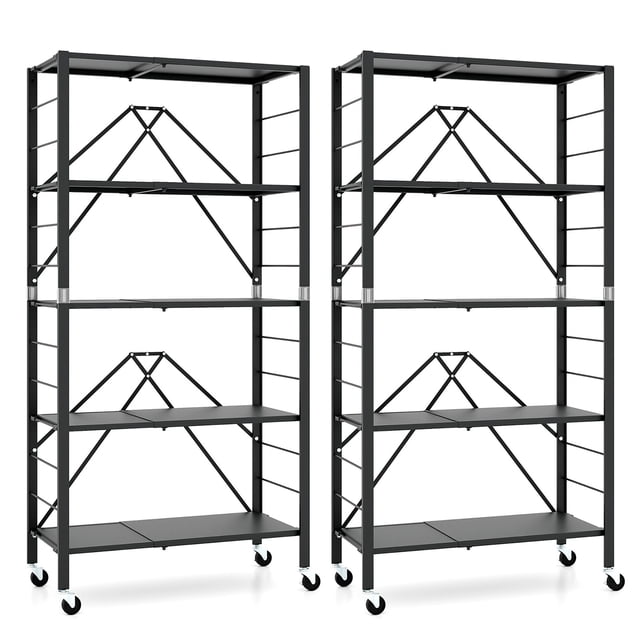 Gymax 2PCS Foldable Storage Shelf w/ Wheels Adjustable Shelves Metal Shelving Unit