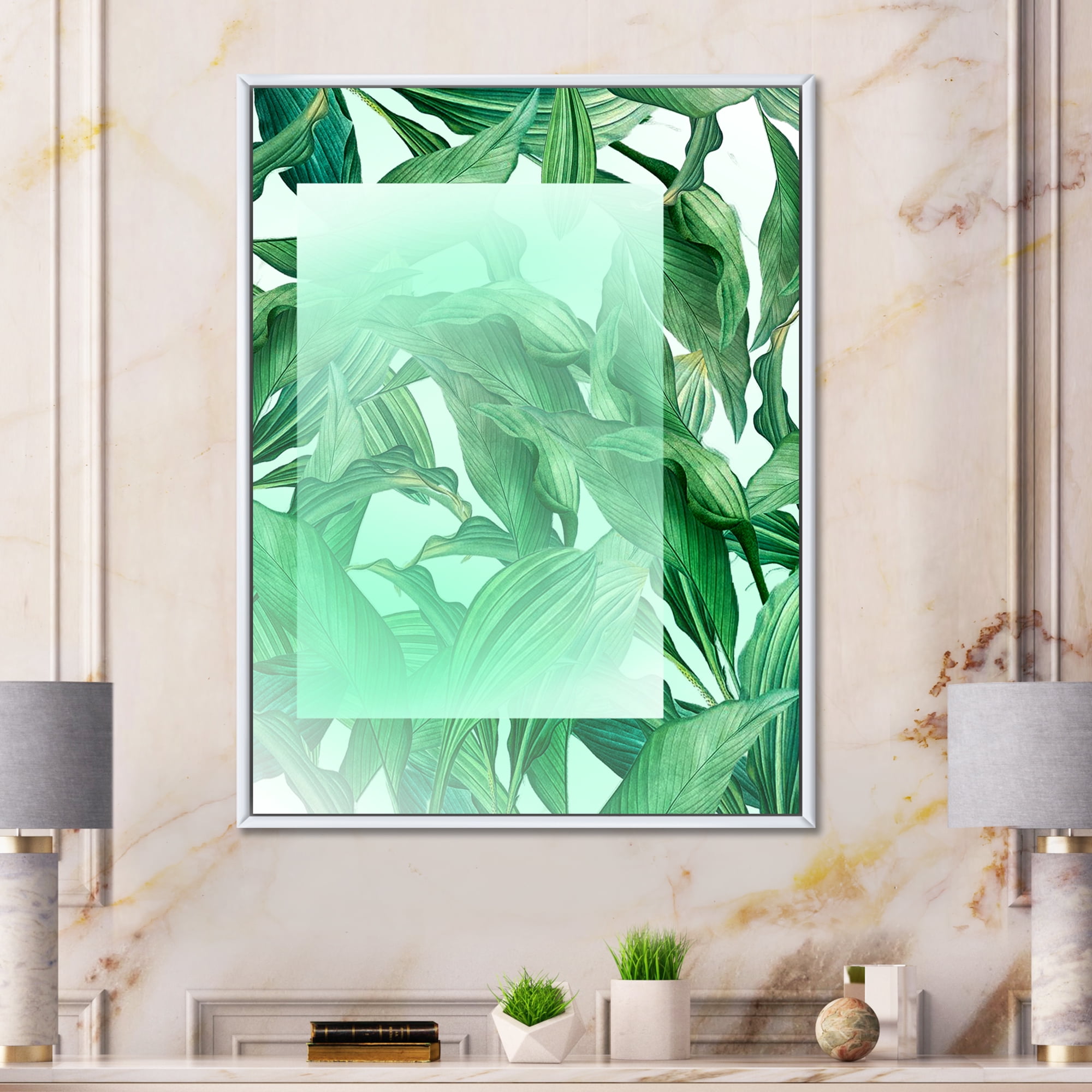 Designart 'Tropical Palm Green Leaves Under White Rectangle' Nautical & Coastal Framed Canvas Wall Art Print