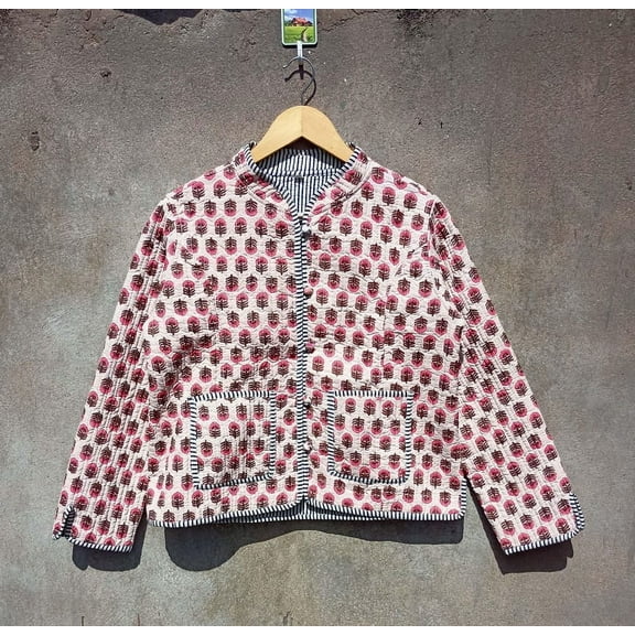 Floral Print Cotton Handmade Kantha Jacket, Womens Clothing Quilted Reversible Coat Kimono Indian Hand Printed Vintage Boho Vest Christmas Gift CQJ-03_XXL