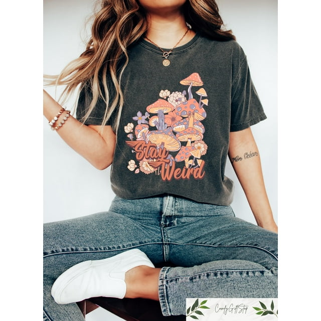 T-SHIRT Rétro Confort Restez Bizarre, T-SHIRT Champignon Boho, T-SHIRT Femme Céleste, Tendance Hipp - comme sur L'Image - L