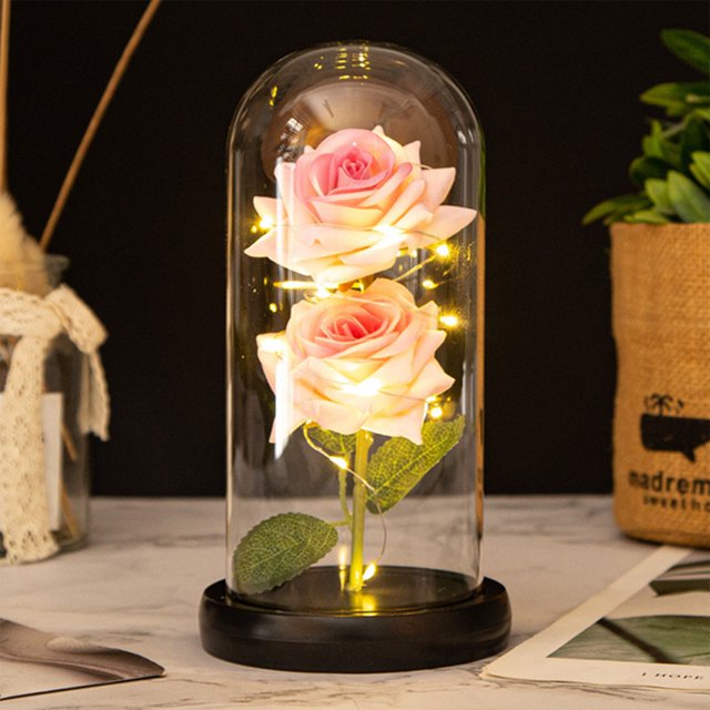 Cqxid Desktop Ornament Under $10 Eternal Flower Simulation Rose Glass Cover Decoration LED Creative Night Light Gift For Girlfriend On Valentine's Day
