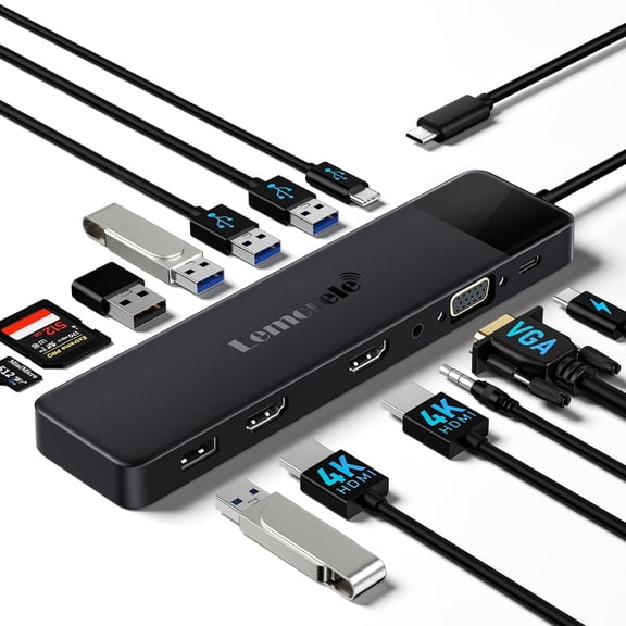 Lemorele 13 in 1 USB-C Docking Station for Windows, Triple Display Laptop Hub with Dual HDMI, VGA, 100W PD, 6 USB Data Ports, SD/TF & 3.5mm Audio for MacBook Dual Monitor