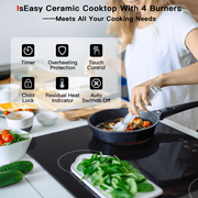 IsEasy 30 Inch Built-In Electric Ceramic Cooktop, 4 Burners, Touch Control, Child Safety Lock, 9 Power Levels