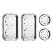CASOMAN 4-Piece Round And Square Magnetic Trays Set, Stainless Steel, 4" Round Trays & 9.5" Wx5.5"L Square Trays, For Socket Screw, Nuts, Bolts, Metal Parts
