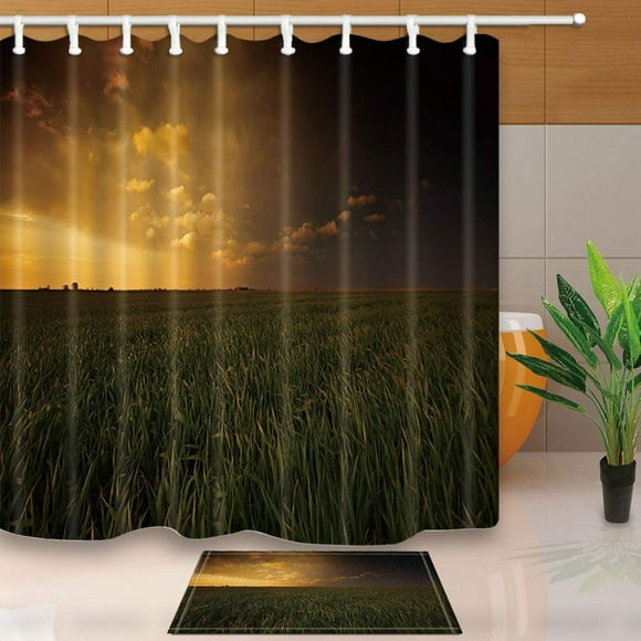 BSDHOME Scenery Vast Paddy Field The Sundowners Shower Curtain 66x72 inches with Floor Doormat Bath Rugs 15.7x23.6 inches