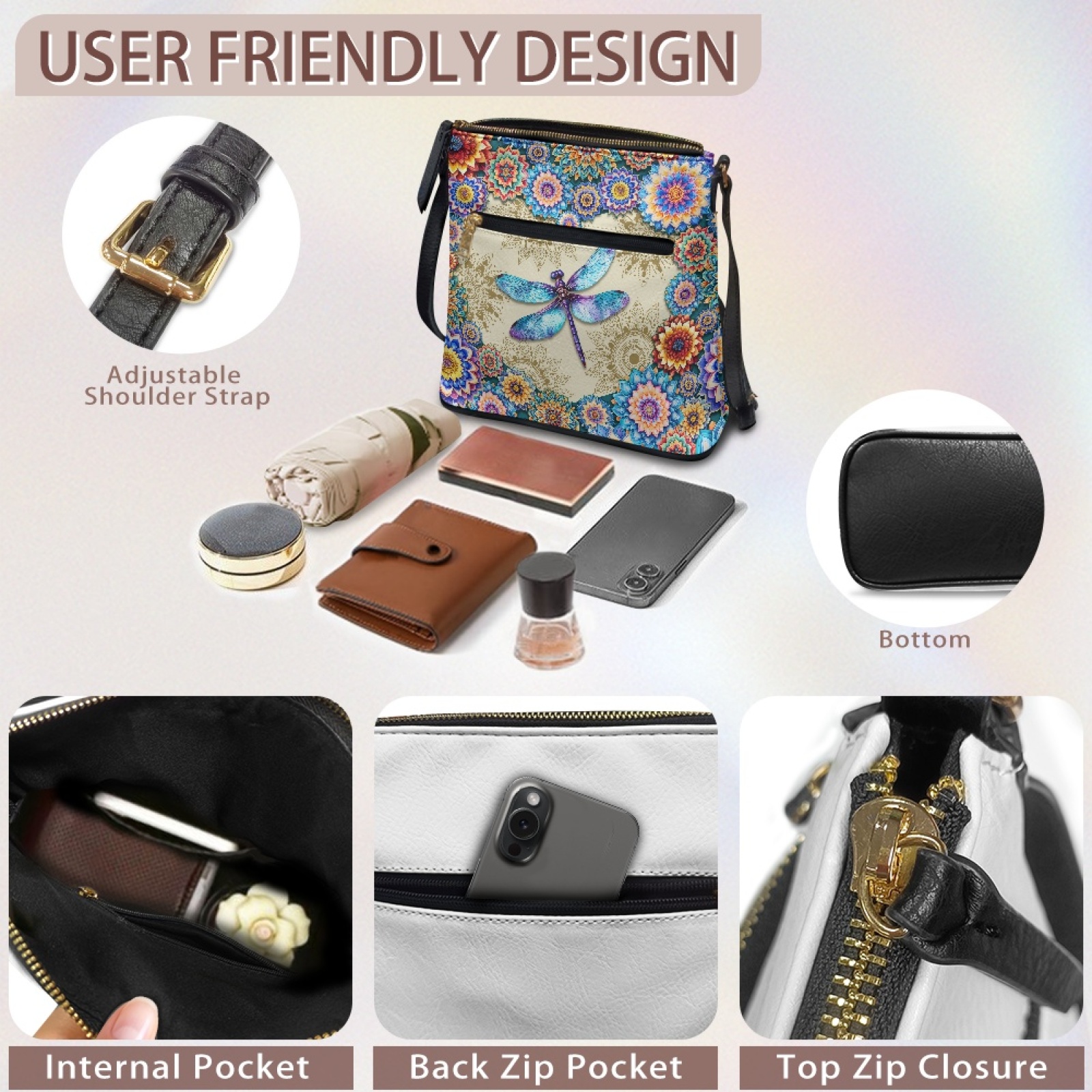 ZUXONGSY Boho Mandala Dragonfly Print Leather Crossbody Bags for Women Casual Messenger Bag Shoulder Purse Bag Waterproof Multiple Pockets Bag with Shoulder Strap for Dating Workout