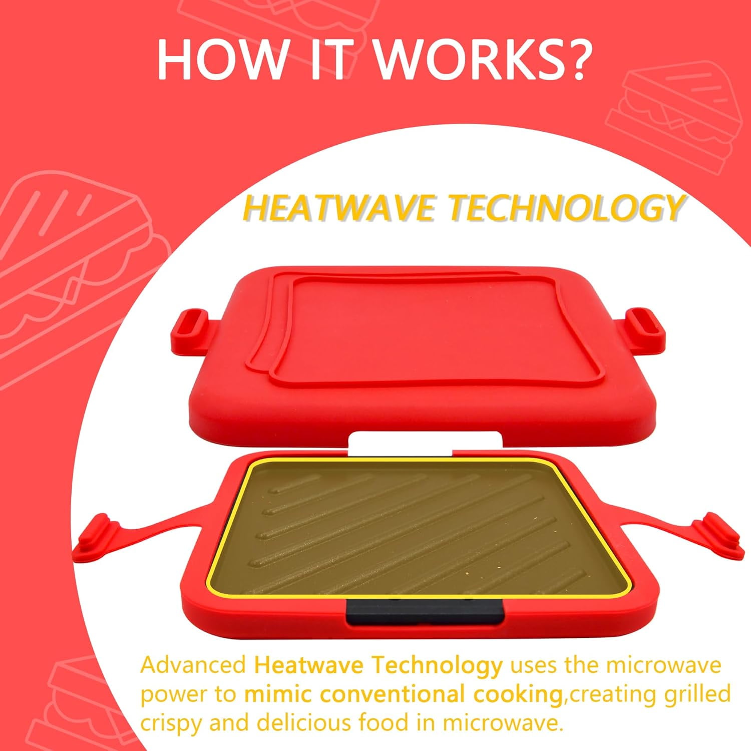 Microwave Sandwich Press Maker, Quick 2-Min Toastie, Panini, & Grilled Cheese Maker, No Power Cords, Wireless, Dishwasher Safe & Easy Clean, Red