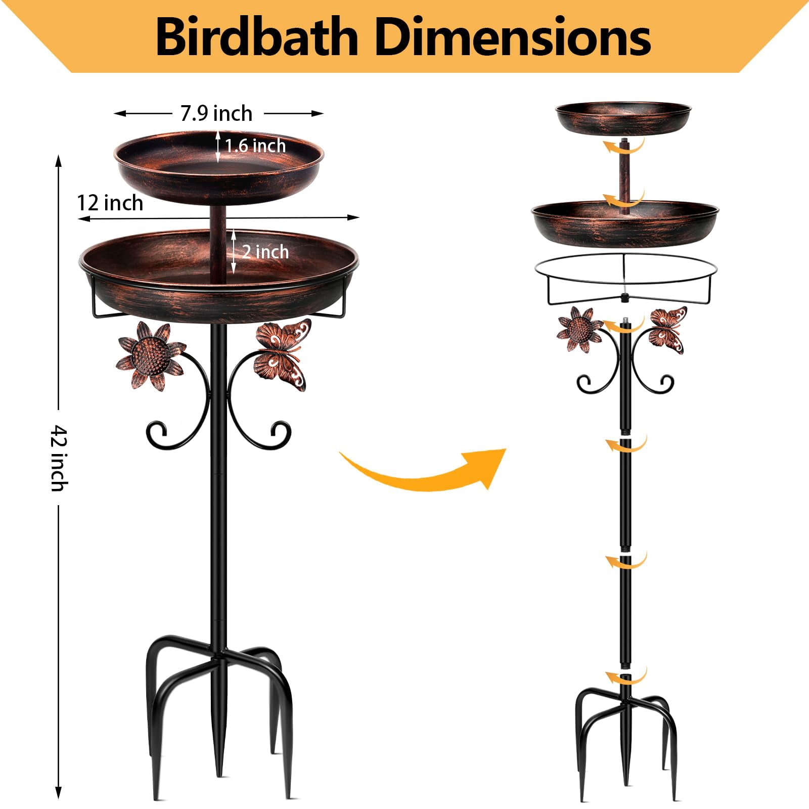 Bird Bath for Outside, 45In Vintage Freestanding Birdbaths for Outdoors, Double Metal Bird Bath Feeder Bowls for Garden Patio Yard Lawn Decor