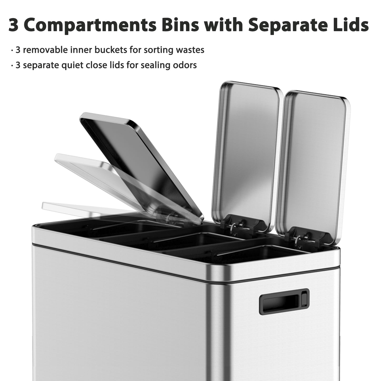 Dual Compartment Trash Can, Stainless Steel Kitchen Step Trash Can with Lids, Foot Pedals, Garbage and Recycle Bin Combo with Removable Buckets for Home Office