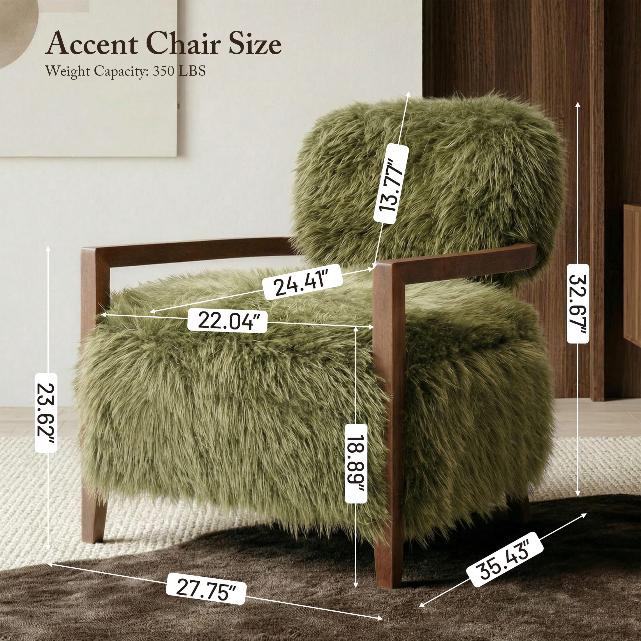 Aenkyo Yeti Contemporary Faux Fur Accent Chair with Walnut Wood Arms, Green