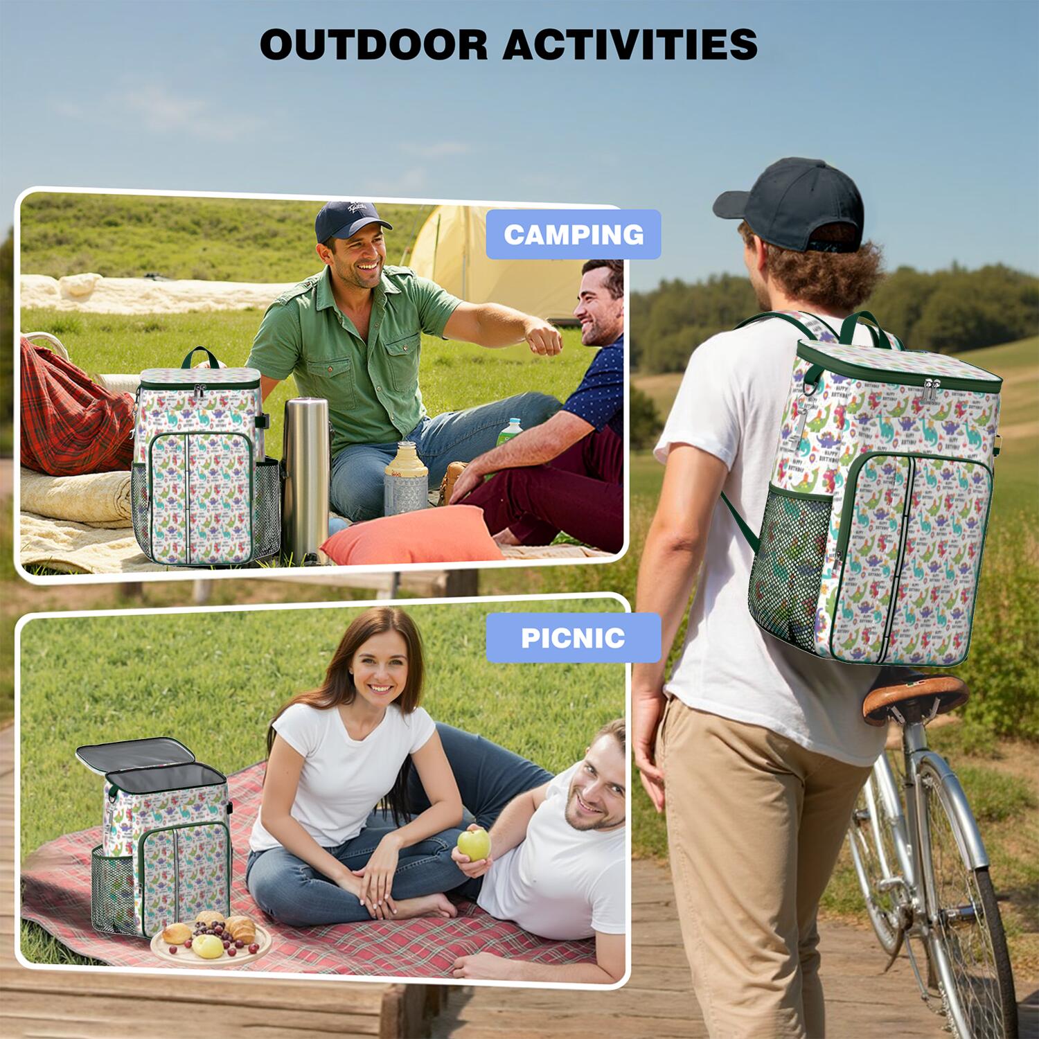 Travel Cooler Bag - Colorful Dinosaurs Birthday Text Pattern Camping Beer Cooler Backpack with Bottle Opener- Waterproof Insulated Picnic Backpacks - Cooler Bag for Beach