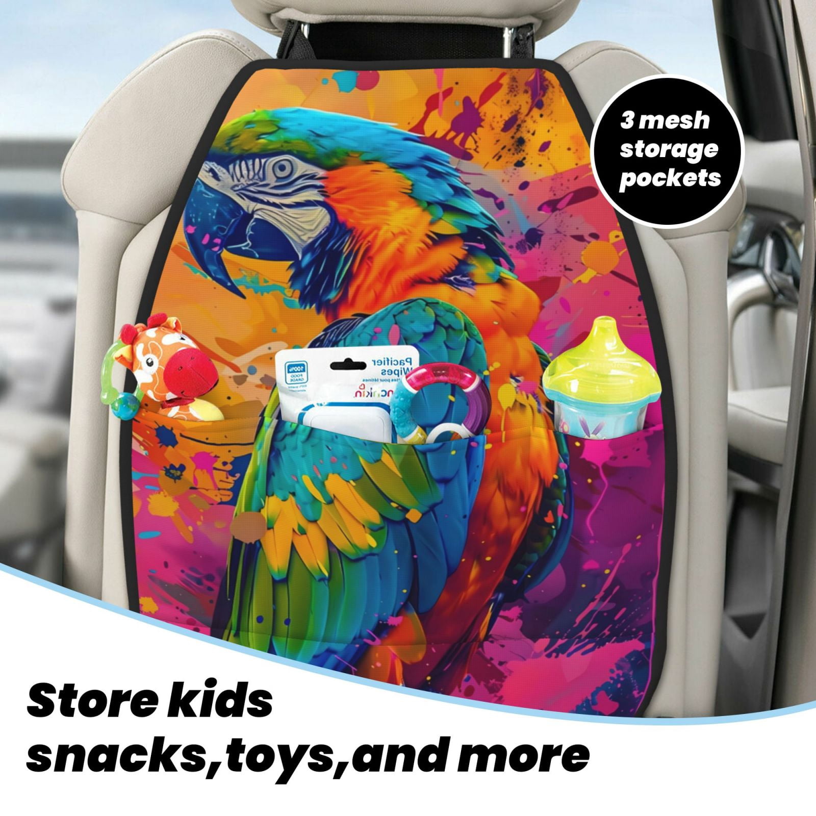 Kdxio Vibrant Parrot Splash Art Print 2 Pack Car Kick Mat Seat Cover Back Protector Mat with Pockets for Organizer Backseat Protector and Storage Anti Kick Pad for Vehicles