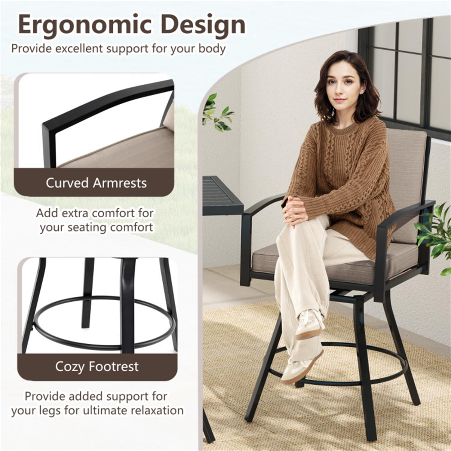 Demi Bonn 3 Pieces Patio Swivel Bar Set with Soft Cushions and Umbrella Hole, Outdoor Bistro Sets Accent Furniture for Yard, Garden, Brown