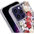 thumbnail image 3 of Compatible with iPhone 14 Pro Max Bling Case Luxury Glitter Rhinestone Diamond Crystal Sparkle Rose Flower Pearl Floral Soft Bumper Protective Case Cover for Women Girls Red, 3 of 6