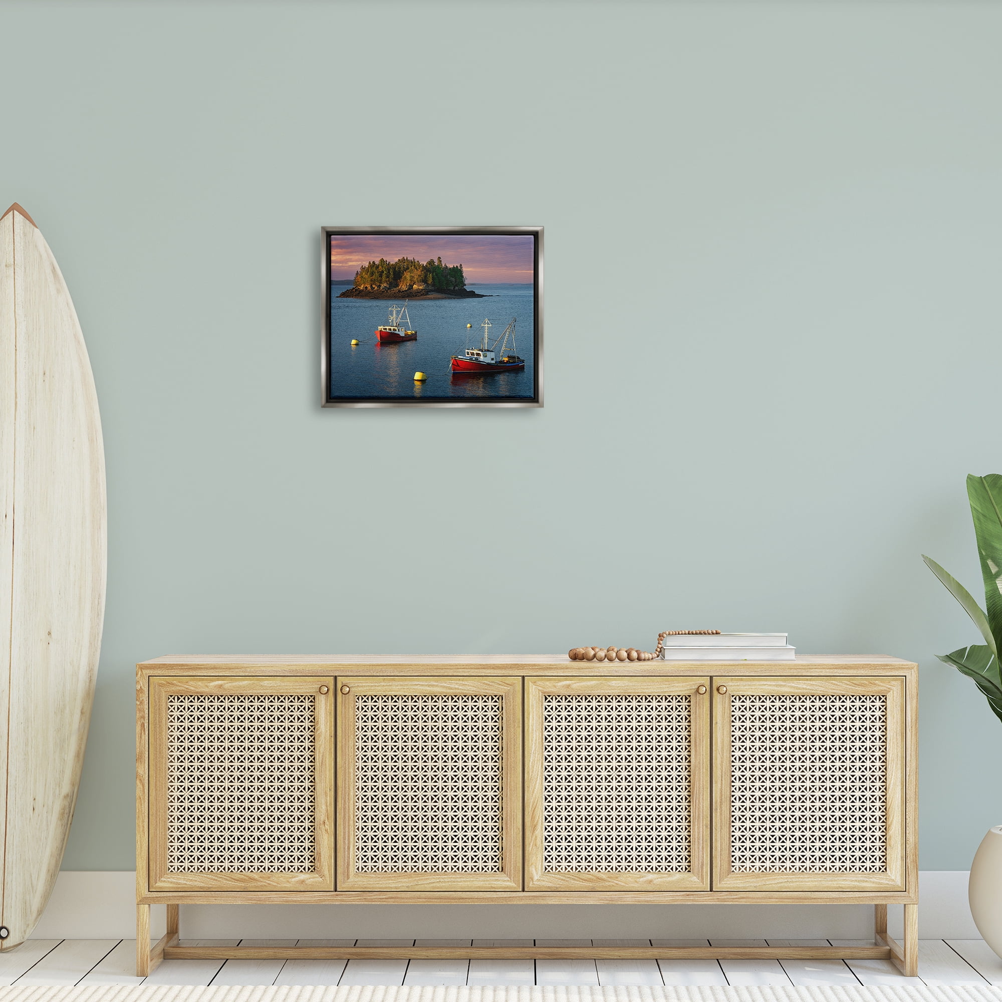 Stupell Boats Sailing Ocean Island Landscape Photography Gray Floater Framed Art Print Wall Art