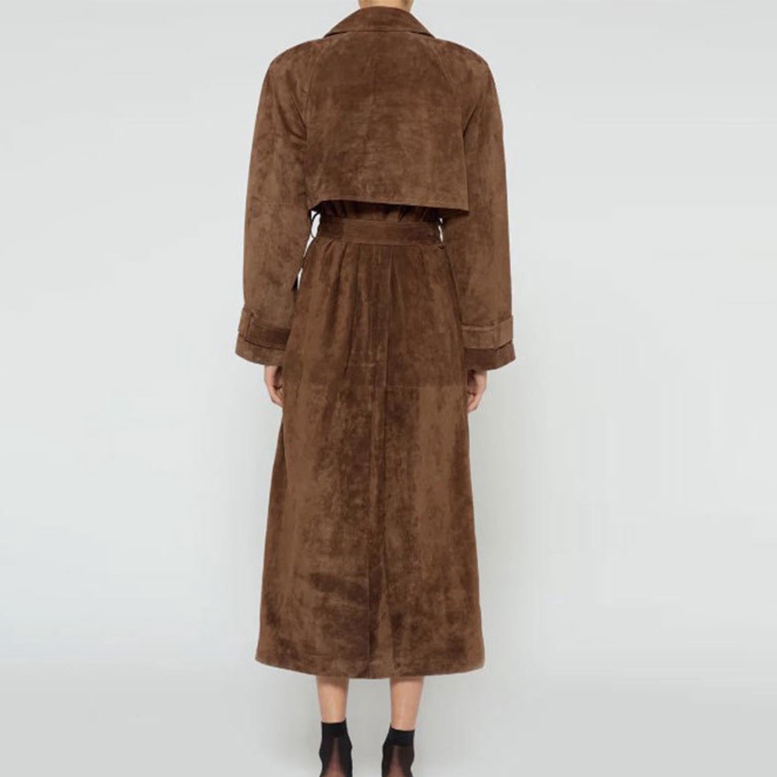Faux Suede Trench Coat for Women Ankle-Length Overcoat Tweed Coat
