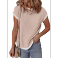 thumbnail image 2 of T-shirts à Manches Courtes pour Femmes Col Rond Bloc de Couleur Tricoté Côtelé Blouses Été 2025, 2 of 7