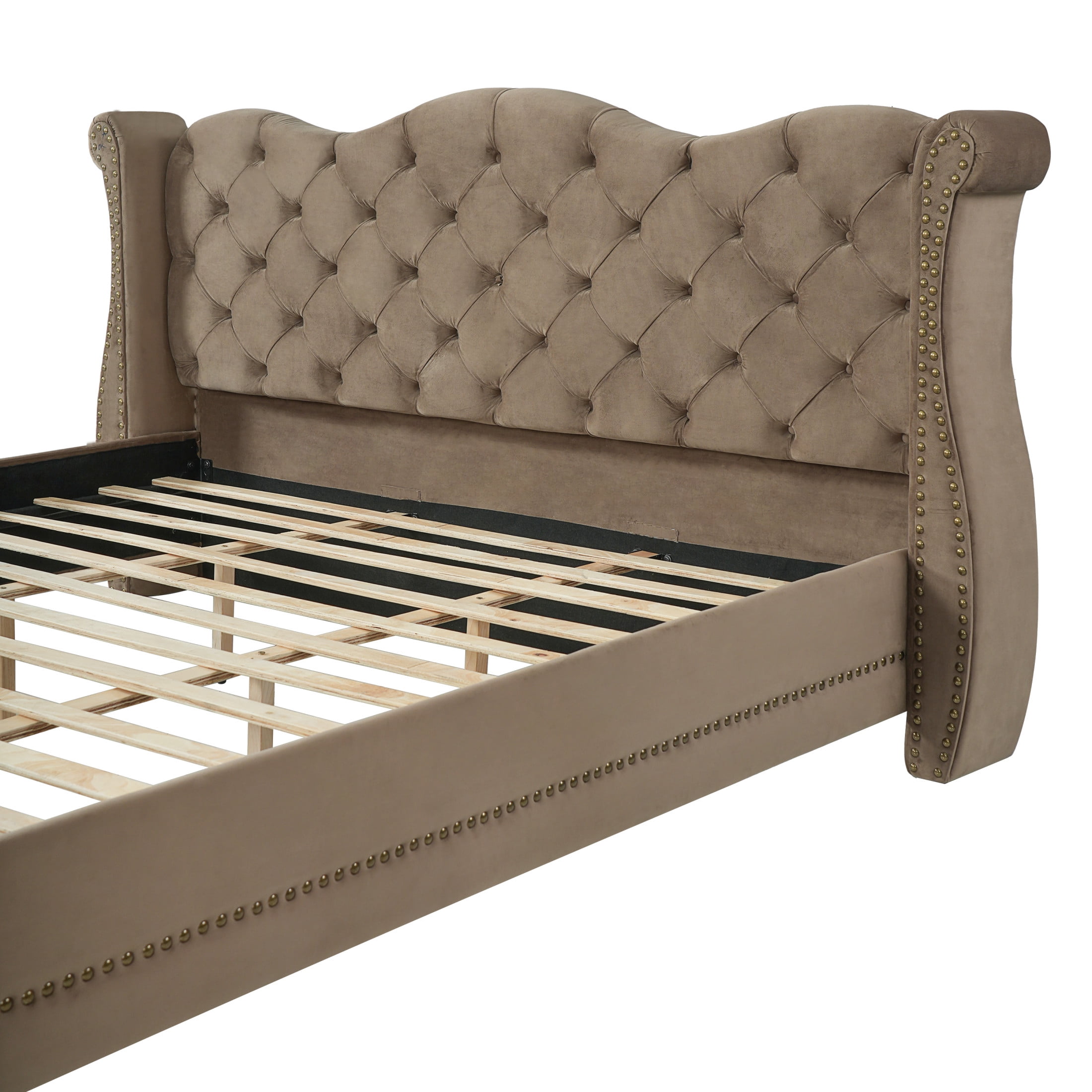 Christopher Knight Home Velvet Upholstered Bed Frame with Thick Tufted Wingback Headboard, King Size, Brown