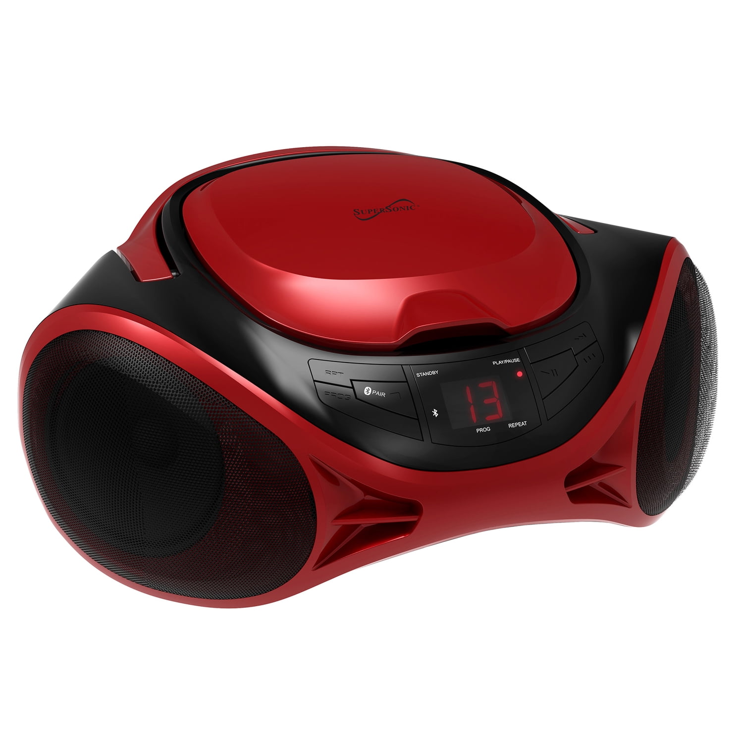Supersonic 3-Watt-RMS Portable Bluetooth CD Music System with Built-in Speakers, CD Player, AM/FM Radio, and Aux, Dual Power, SC-726BT (Red)