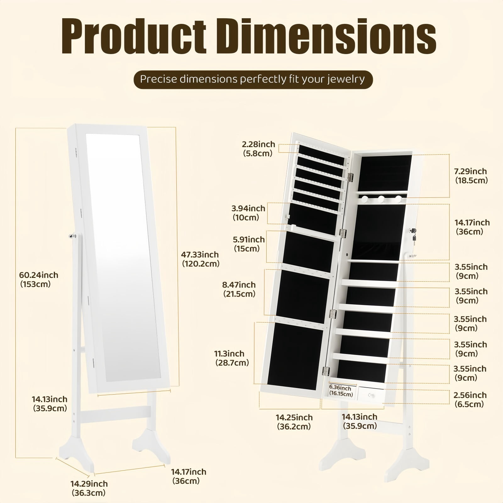 Kelno 60" Freestanding Jewelry Armoire with HD Mirror LED Lights Wall/Door Mounted Jewelry Organizer Cabinet, White