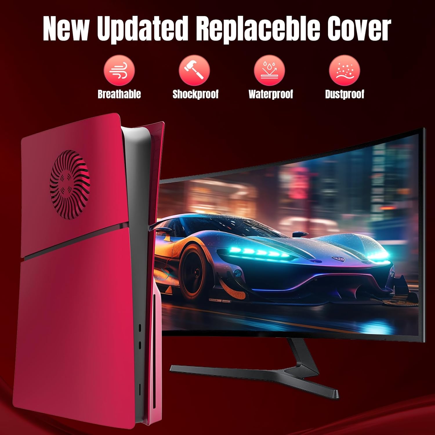 Slim Disc Edition Cover Plates with Cooling Vents for New PS5 Slim Console, Shell Panels for PlayStation 5 Slim Accessories Protective Replacement Faceplate (Volcanic Red)