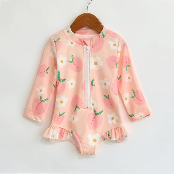 Ticikt Baby Girls One Piece Swimsuit Infant Bathing Suit Long Sleeve Rash Guard Swimwear with UPF 50+ Sun Protection,Color:Pink,Size:6-12 Months